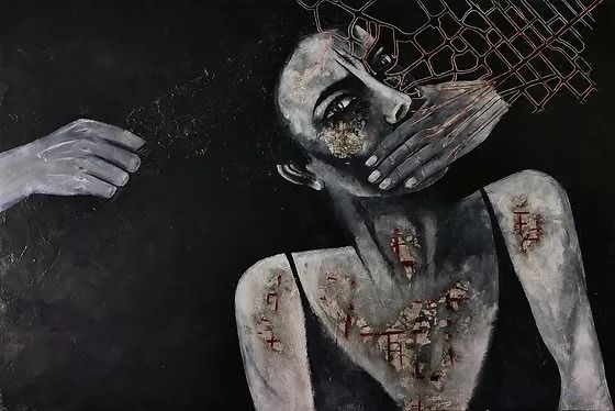Pintura de la exiliada iraní Narges Bazarjani sobre la represión a la mujer.