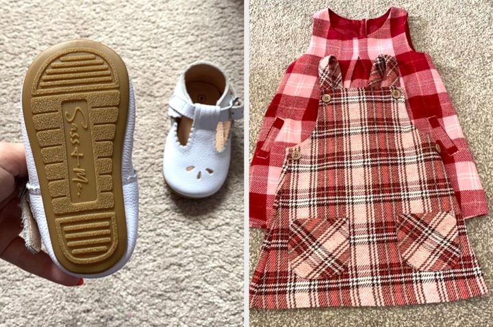 Some items bought on Vinted including my daughter's first pair of shoes (£4) and two winter pinafores (£3).