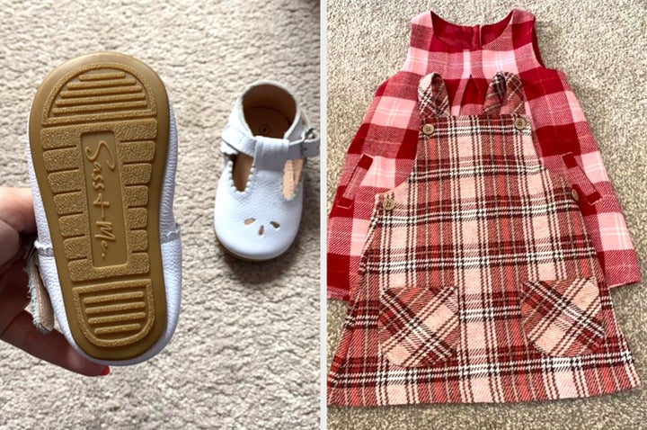 Some items bought on Vinted including my daughter's first pair of shoes (£4) and two winter pinafores (£3)..