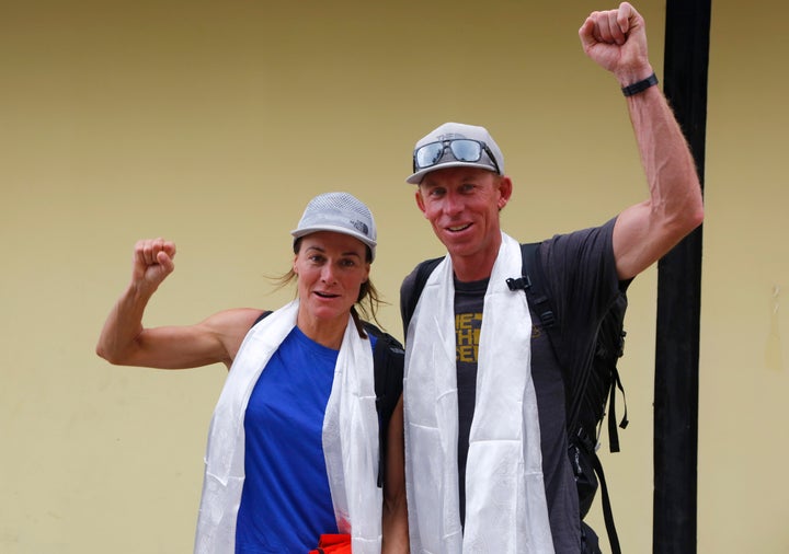 Hilaree Nelson, left, was skiing down from the summit of Mount Manaslu with her partner, Jim Morrison, right, on Monday when she fell off the mountain.