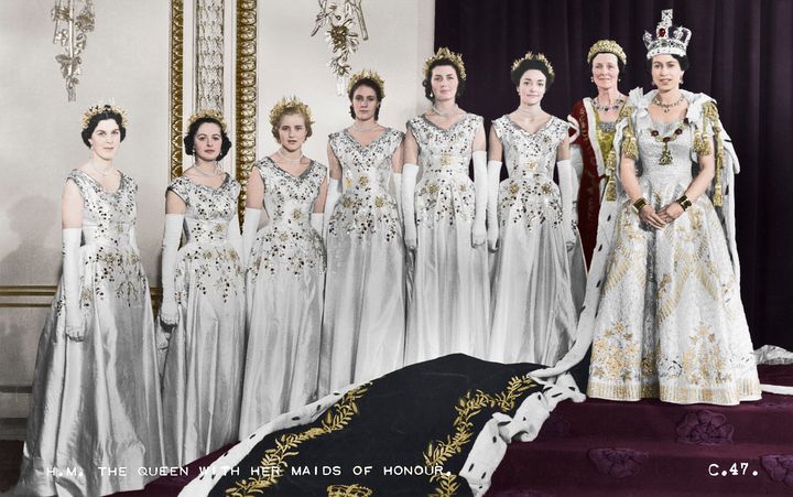 Queen Elizabeth, far right, with the queen mother and six maids of honor at her 1953 coronation.