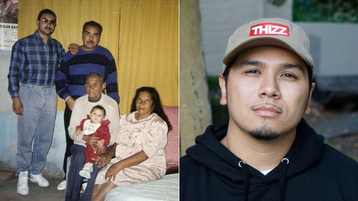 Robin D. López with his father, grandfather and other relatives when he was six months old, and López today.