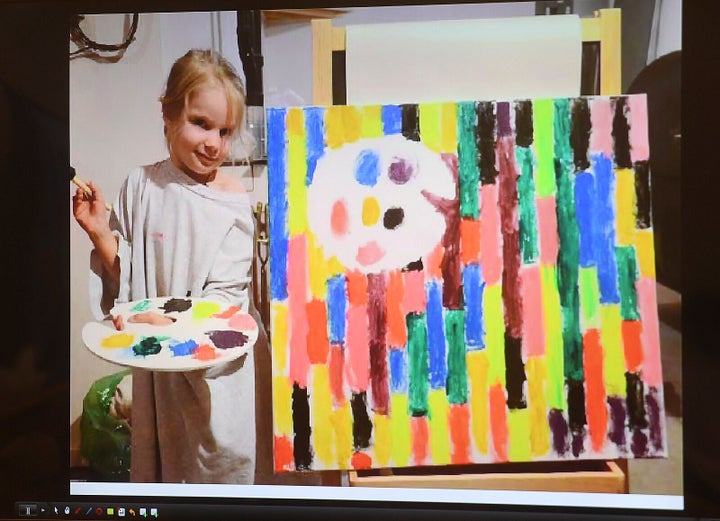 A photograph of Emilie Parker, who was killed at Sandy Hook Elementary School, is shown to the jury during the Alex Jones defamation trial Wednesday in Waterbury, Connecticut.