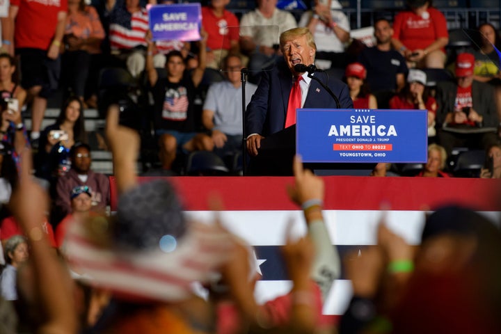 Members of the crowd raise their index fingers as former President Donald Trump speaks Sept. 17 at a rally in Youngstown, Ohio, to support Republican candidates for state and federal offices. Senate candidate J.D. Vance and Rep. Jim Jordan (R-Ohio) also spoke at the rally.