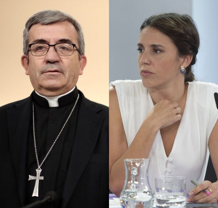 Luis Argüello, portavoz de la Conferencia Episcopal Española, e Irene Montero, ministra de Igualdad; en sendas imágenes de archivo.