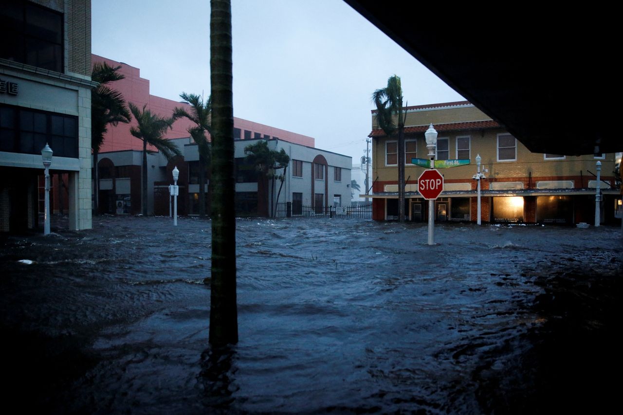A flooded street is seen in downtown as Hurricane Ian makes landfall in Fort Myers on Wednesday. 