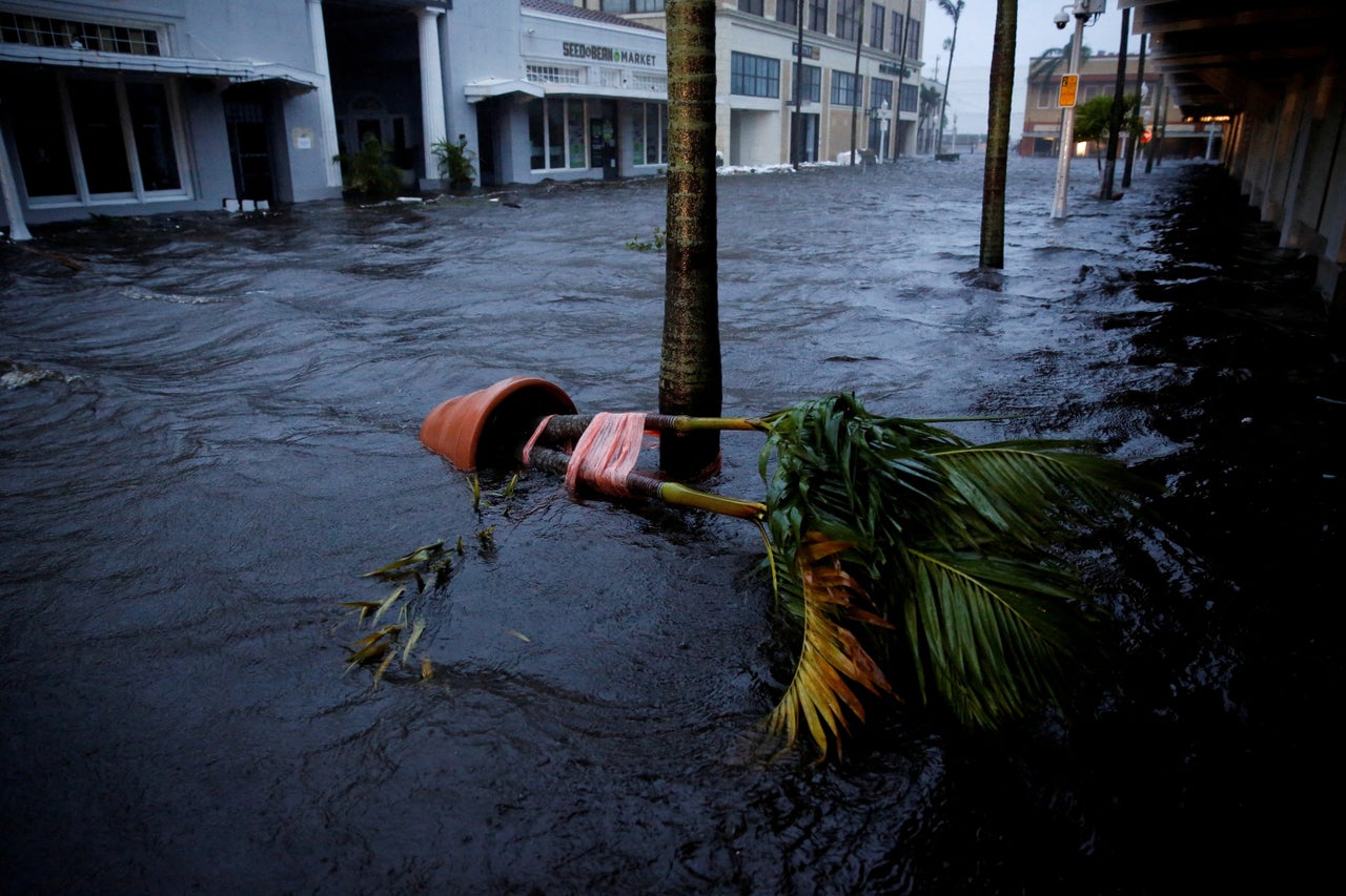 A flooded street is seen in downtown as Hurricane Ian makes landfall in Fort Myers on Wednesday. 