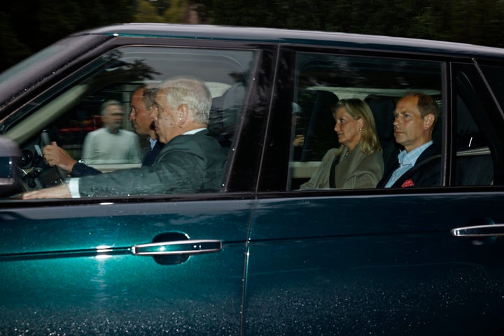 Prince William; Prince Andrew; Sophie, Countess of Wessex; and Prince Edward are pictured driving to Balmoral Castle on Sept. 8, in Aberdeen, Scotland.