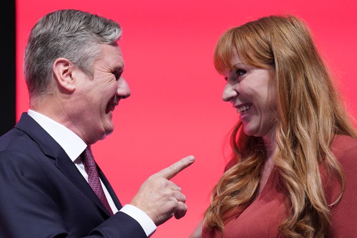 <strong>Labour Party leader Keir Starmer congratulates deputy leader Angela Rayner after her speech during the Labour Party conference.</strong>