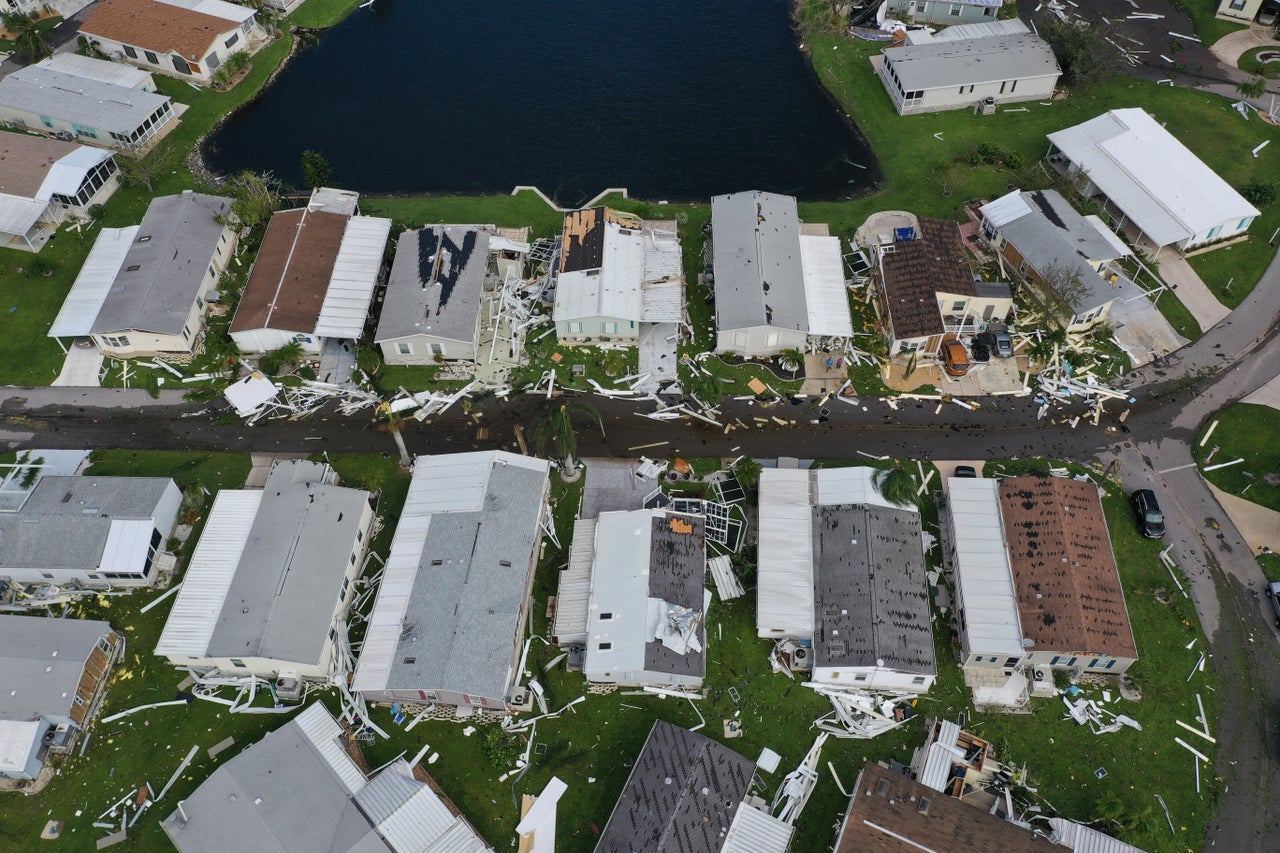 In this aerial view, damaged homes are seen after Hurricane Ian moved along Florida's Gulf Coast on Sept. 29, 2022, in Punta Gorda.