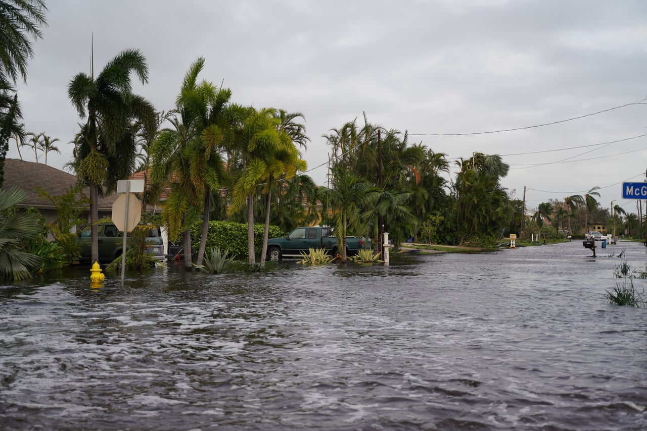 A view of the flooded and damaged area after the hurricane in a Fort Myers neighborhood on September 29.
