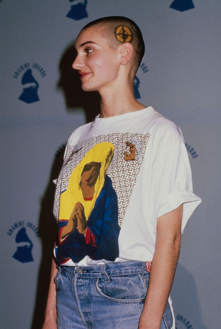 Irish singer-songwriter Sinead O'Connor, wearing a T-shirt with an image of a praying Virgin Mary, attends the 31st Annual Grammy Awards, held at the Shrine Auditorium in Los Angeles on Feb. 22, 1989.