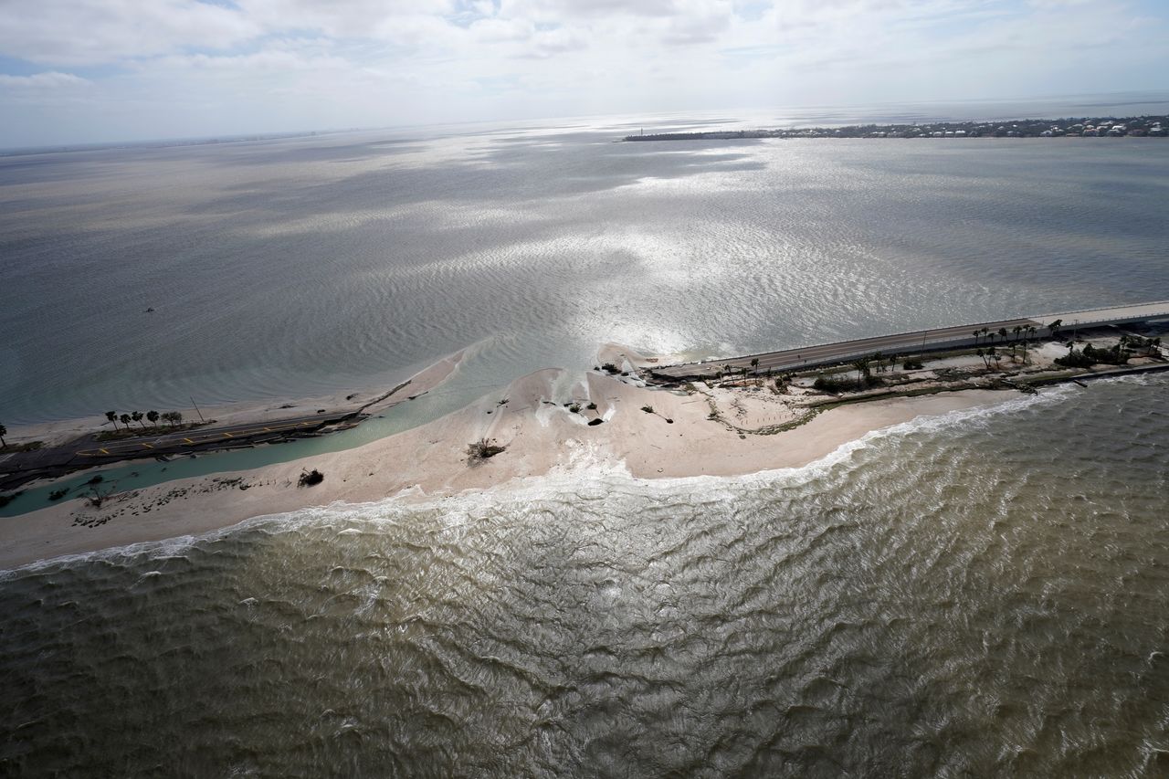 A damaged causeway to Sanibel Island is seen on Sept. 29. 