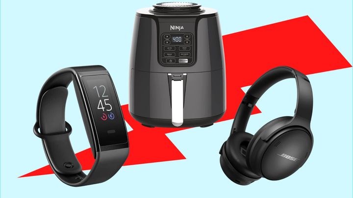 An Amazon Halo View fitness tracker, Ninja air fryer, and Bose noise-cancelling headphones.