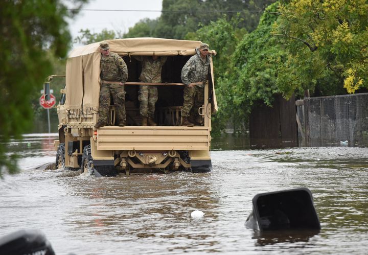 ORLANDO, FLORIDA, UNITED STATES - SEPTEMBER 29: Members of the Florida National Guard look for stranded residents in a flooded neighborhood in the aftermath of Hurricane Ian on September 29, 2022 in Orlando, Florida. The storm has caused widespread power outages and flash flooding in Central Florida as it crossed through the state after making landfall in the Fort Myers area as a Category 4 hurricane. (Photo by Paul Hennessy/Anadolu Agency via Getty Images)