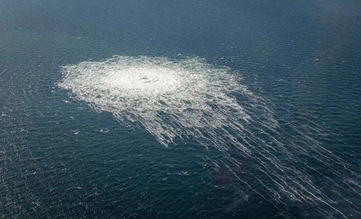 BORNHOLM, DENMARK - SEPTEMBER 27: (----EDITORIAL USE ONLY â MANDATORY CREDIT - " DANISH DEFENCE / HANDOUT" - NO MARKETING NO ADVERTISING CAMPAIGNS - DISTRIBUTED AS A SERVICE TO CLIENTS----) Danish Defense shows the gas leaking at Nord Stream 2 seen from the Danish F-16 interceptor on Bornholm, Denmark on September 27, 2022. (Photo by Danish Defence/Anadolu Agency via Getty Images)