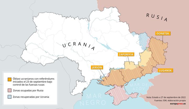 Mapa con las zonas ocupadas por Rusia en Ucrania y los territorios que serán anexionados.