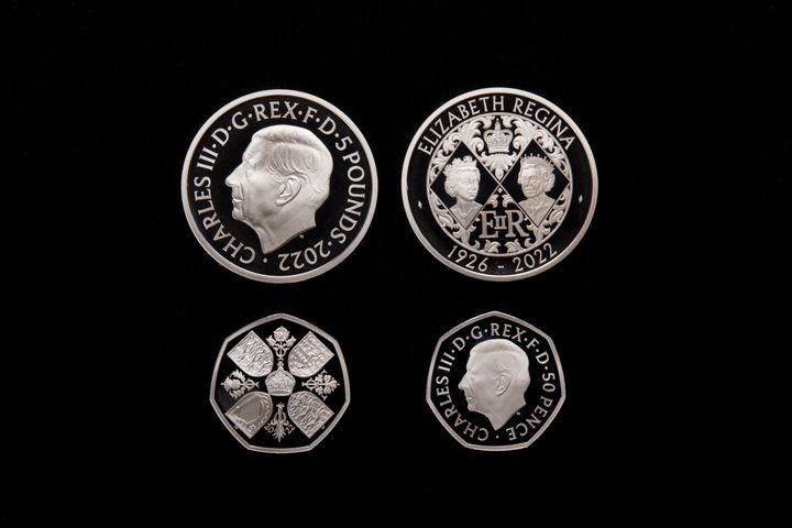 The Queen Elizabeth II memorial coins, showing the reverse designs
