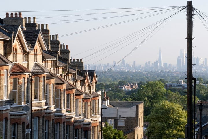 Terraced homes with an elevated viewpoint of the London skyline at Crystal Palace.