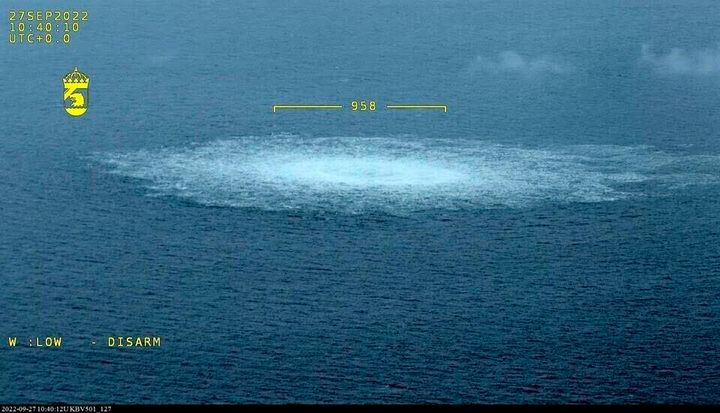 In this image provided by the Swedish Coast Guard, the gas leak in the Baltic Sea from Nord Stream photographed from a Coast Guard aircraft on Wednesday, September 27, 2022.