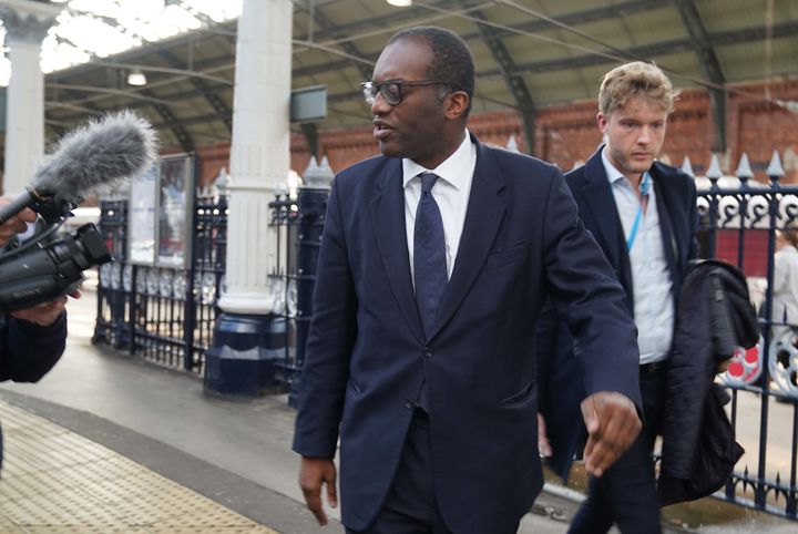 <strong>Chancellor Kwasi Kwarteng arrives at Darlington station for a visit to see local business.</strong>