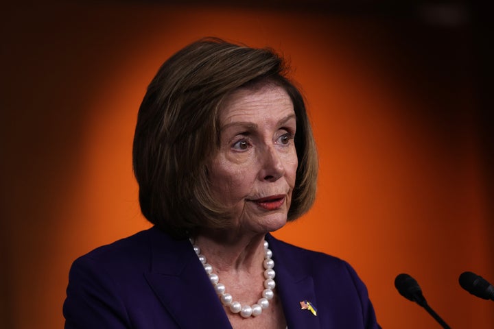 House Speaker Nancy Pelosi (D-Calif.) gives her weekly news conference at the U.S. Capitol in Washington on Friday.