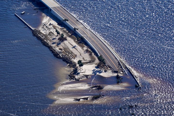 Damage from Hurricane Ian is seen on the causeway leading to Sanibel Island from Fort Myers, Florida.