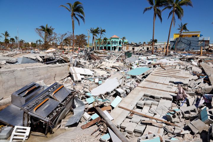 The Times Square area near the Lynn Hall Pier has been reduced to rubble on the island of Fort Myers Beach in Florida.