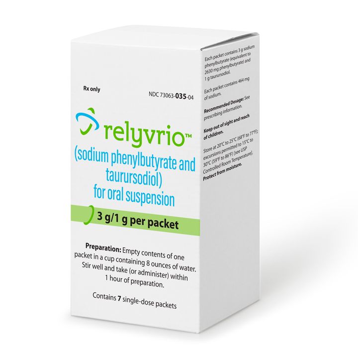 Esta imagem fornecida pela Amylyx Pharmaceuticals mostra o medicamento Relyvrio.