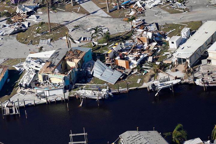 An aerial photo, made in a flight provided by mediccorps.org, shows damaged homes from Hurricane Ian.