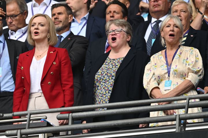 Liz Truss and Nadine Dorries at the women's European football championship final at Wembley.