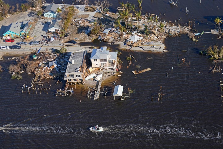 The bridge leading from Fort Myers to Pine Island is seen heavily damaged in the aftermath of Hurricane Ian on Saturday.