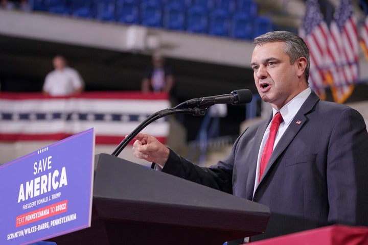 Jim Bognet speaks ahead of former President Donald Trump at a rally in Wilkes-Barre on Sept. 3.