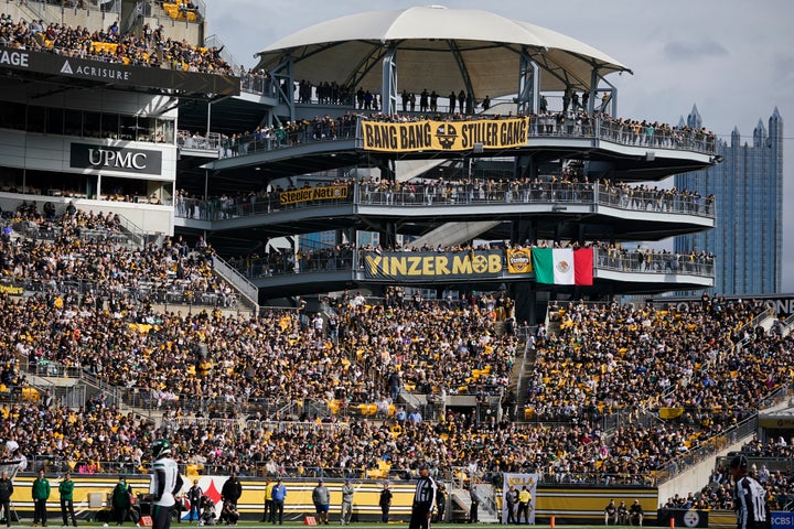 Fans crowd the rotunda at Acrisure Stadium to watch during the second half of an NFL football game between the Pittsburgh Steelers and the New York Jets, Sunday, Oct. 2, 2022, in Pittsburgh. The Jets won 24-20. (AP Photo/Gene J. Puskar)