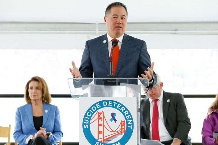 California Rep. Phil Ting (D), pictured here at a podium in 2017, sponsored the jaywalking bill signed by Gov. Gavin Newsom.