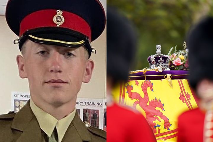 El soldado fallecido y un momento del funeral de la Reina Isabel II