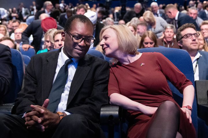 Chancellor of the Exchequer Kwasi Kwarteng, and Prime Minister Liz Truss during a tribute to the late Queen Elizabeth II at the start of the Conservative Party annual conference at the International Convention Centre in Birmingham on Oct. 2, 2022.