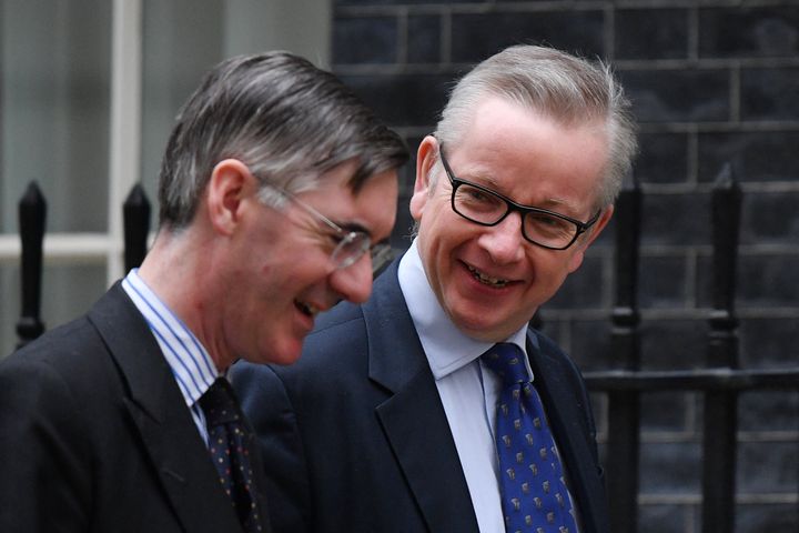 Jacob Rees-Mogg and Michael Gove share a joke in 2019.