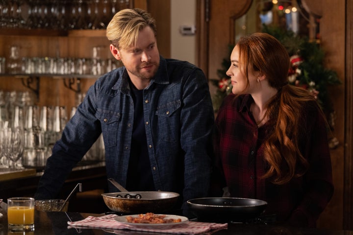 Chord Overstreet (left) and Lindsay Lohan in Netflix's "Falling for Christmas," due out Nov. 10.