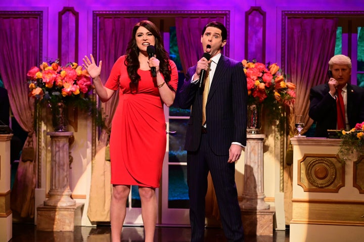 Cecily Strong as Kimberly Guilfoyle and Mikey Day as Donald Trump Jr. on the March 5 episode of "Saturday Night Live."