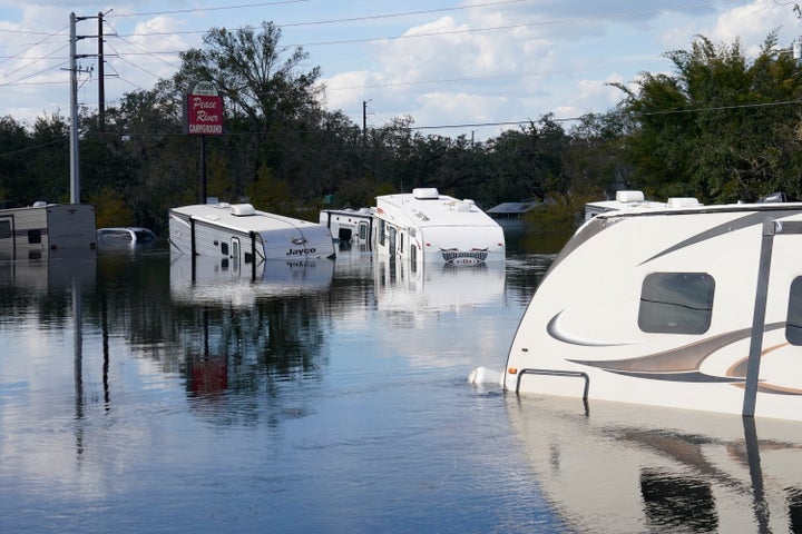 Flooded campers are seen at the Peace River Campground in the aftermath of Hurricane Ian in Arcadia, Fla., on Oct. 3, 2022.