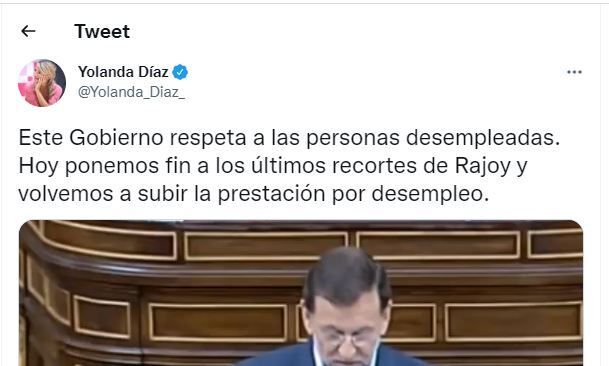 Tuit de Yolanda Díaz con el vídeo de una intervención de Rajoy