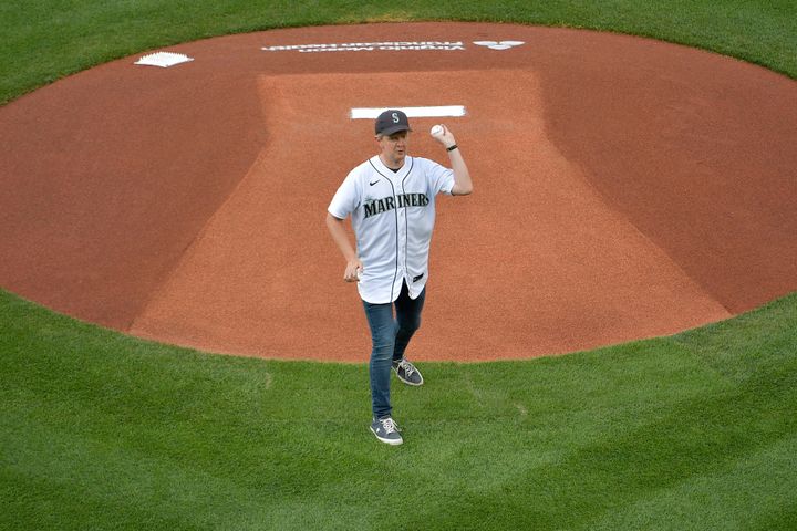 Ken Jennings throws out the first pitch before the game between the Seattle Mariners and the Texas Rangers on July 2, 2021, in Seattle.