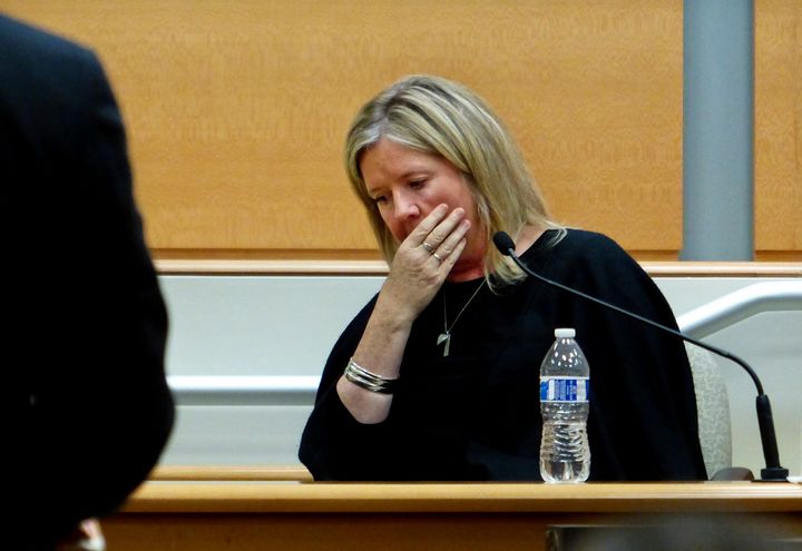 Jacqueline Barden pauses as she testifies during Alex Jones' defamation damages trial at Connecticut Superior Court on Oct. 4, 2022. The Barden family lost their son Daniel in the Sandy Hook Elementary School shooting. 