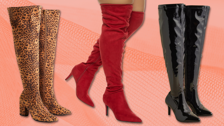 Animal print block heel over-the-knee boot, red stiletto heel over-the-knee boot, shiny pointed stiletto over-the-knee boot