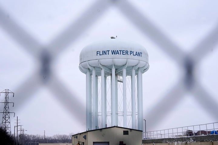 The Flint water plant tower is seen on Jan. 6, 2022, in Flint, Mich. 