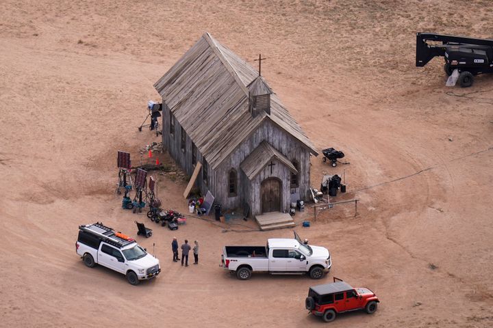 An aerial photo shows the Bonanza Creek Ranch in Santa Fe, New Mexico, after a gun went off on the "Rust" film set, killing Hutchins.