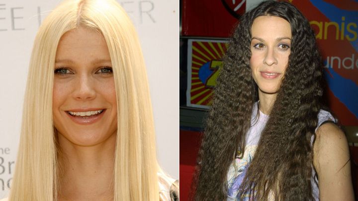 Gwyneth Paltrow is pictured sporting pin-straight hair, while Alanis Morissette is shown with crimped hair.