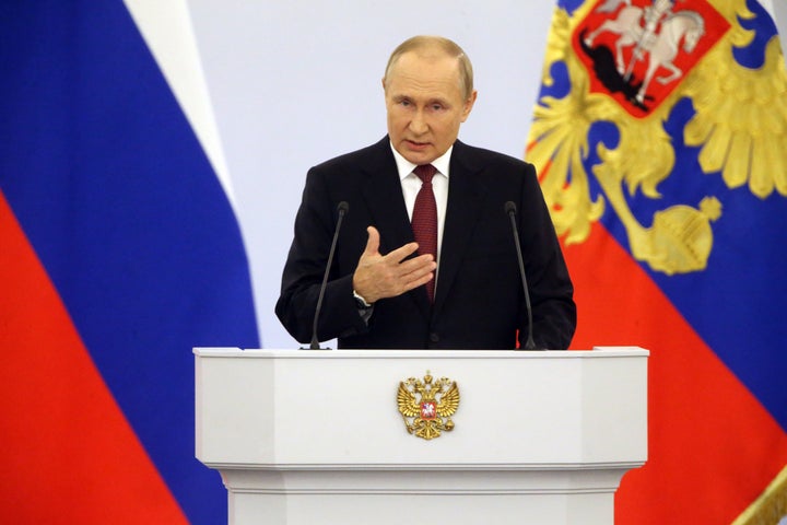 MOSCOW, RUSSIA - SEPTEMBER 30: Russian President Vladimir Putin speaks during the signing ceremony with separatist leaders on the annexation of four Ukrainian regions at the Grand Kremlin Palace, on September 30, 2022 in Moscow, Russia. Separatist leaders of annexed Donetsk, Lugansk, Kherson and Zaporizhzhya regions of Ukriane have arrived in Moscow to sign joint documents. (Photo by Contributor/Getty Images)