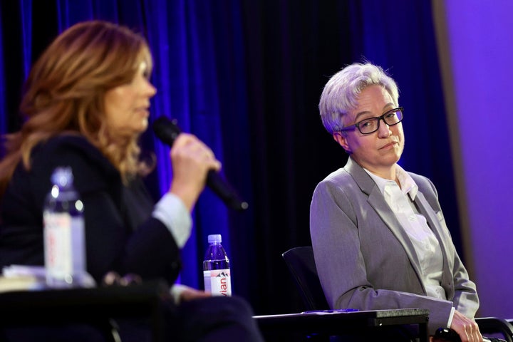 Oregon Democratic gubernatorial nominee Tina Kotek, on the right, appears skeptical of whatever GOP nominee Christine Drazan is saying in this image from their July 2022 debate.